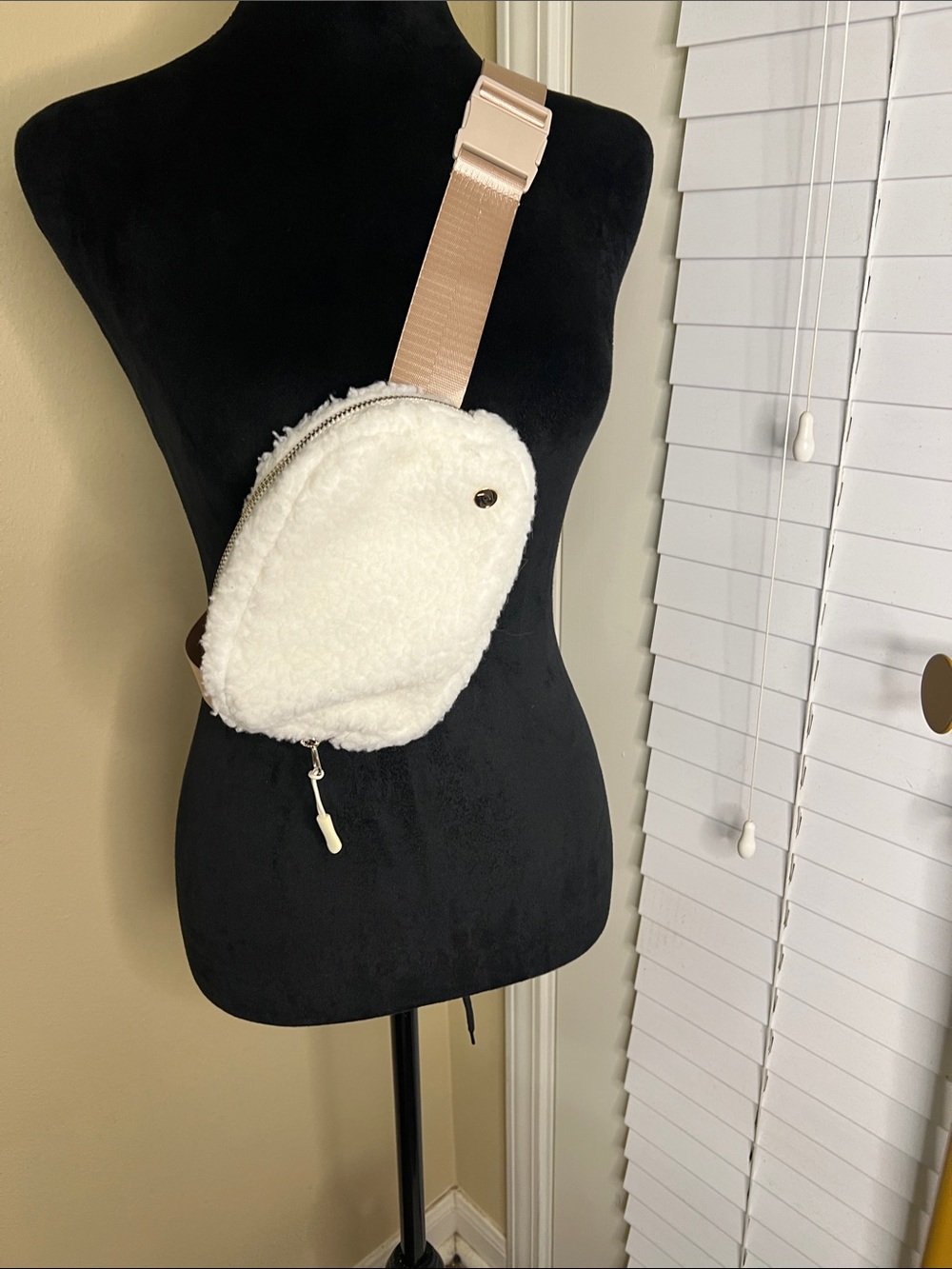 Apana White Faux Shearling Crossbody Bag with Blush Strap